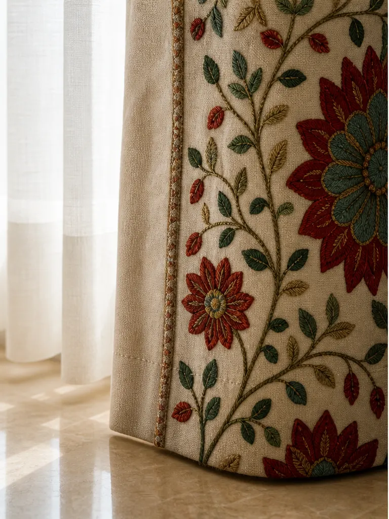 Crimson Vine Curtain Set textile and construction detail