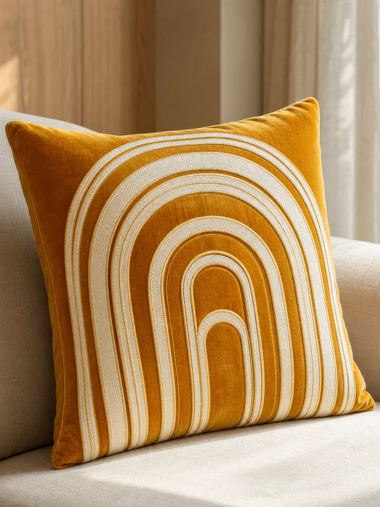 Saffron Arc Cushion shown in Hotel suites, lobby lounges, villa living rooms
