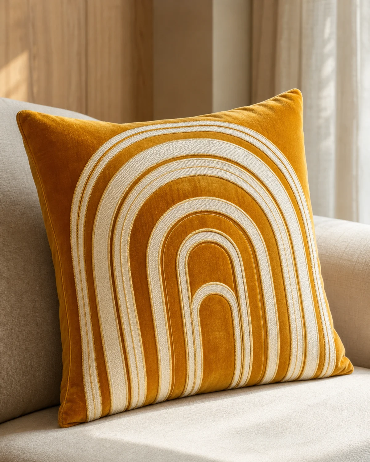 Saffron Arc Cushion original BSA square cushion in saffron and warm ivory