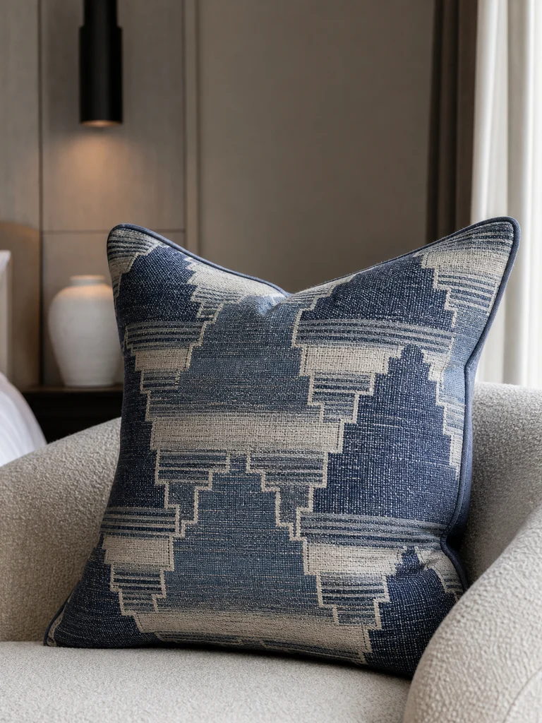 Indigo Terrace Cushion shown in Hotel beds, deep sofas, members’ lounges