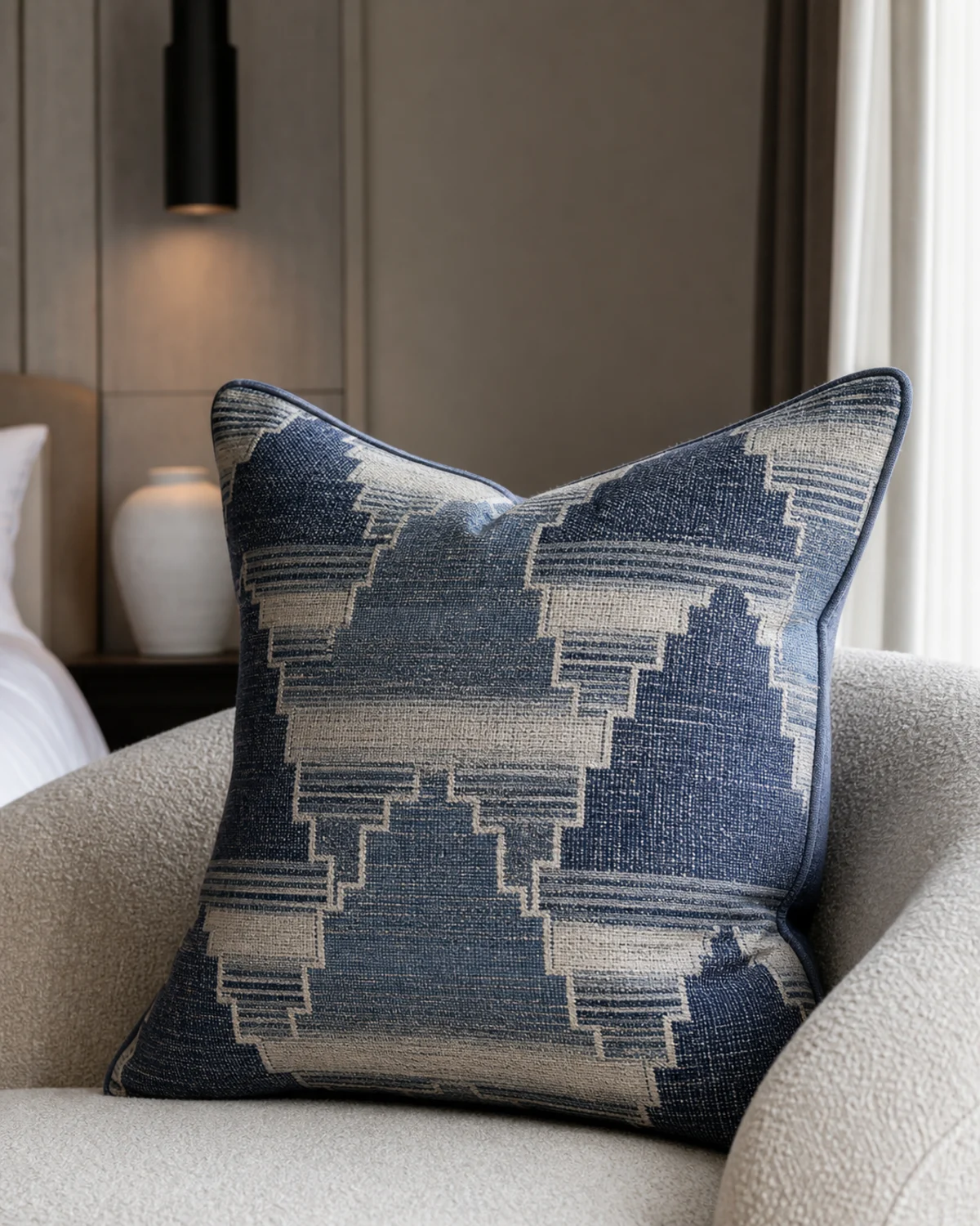 Indigo Terrace Cushion original BSA overscale square cushion in deep indigo, chalk, and muted blue