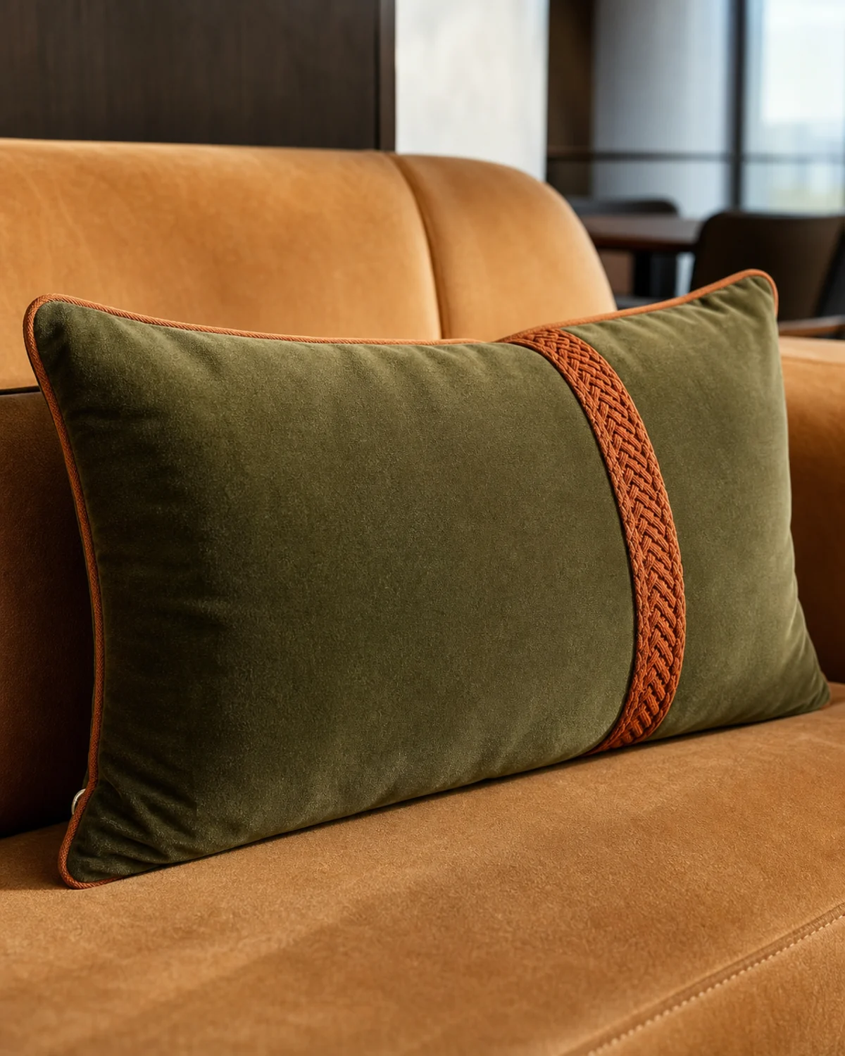 Olive Ember Lumbar original BSA tailored lumbar cushion in olive velvet with ember-orange accents