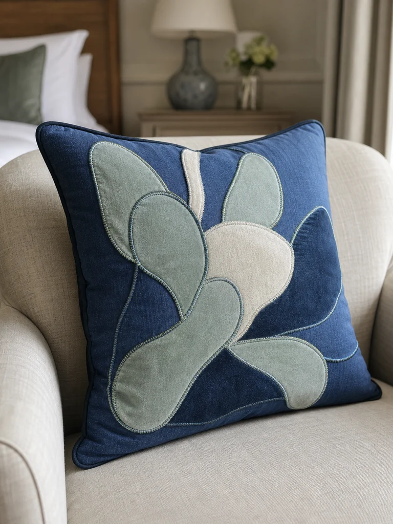 Lapis Petal Cushion shown in Boutique hotels, residential lounges, suites