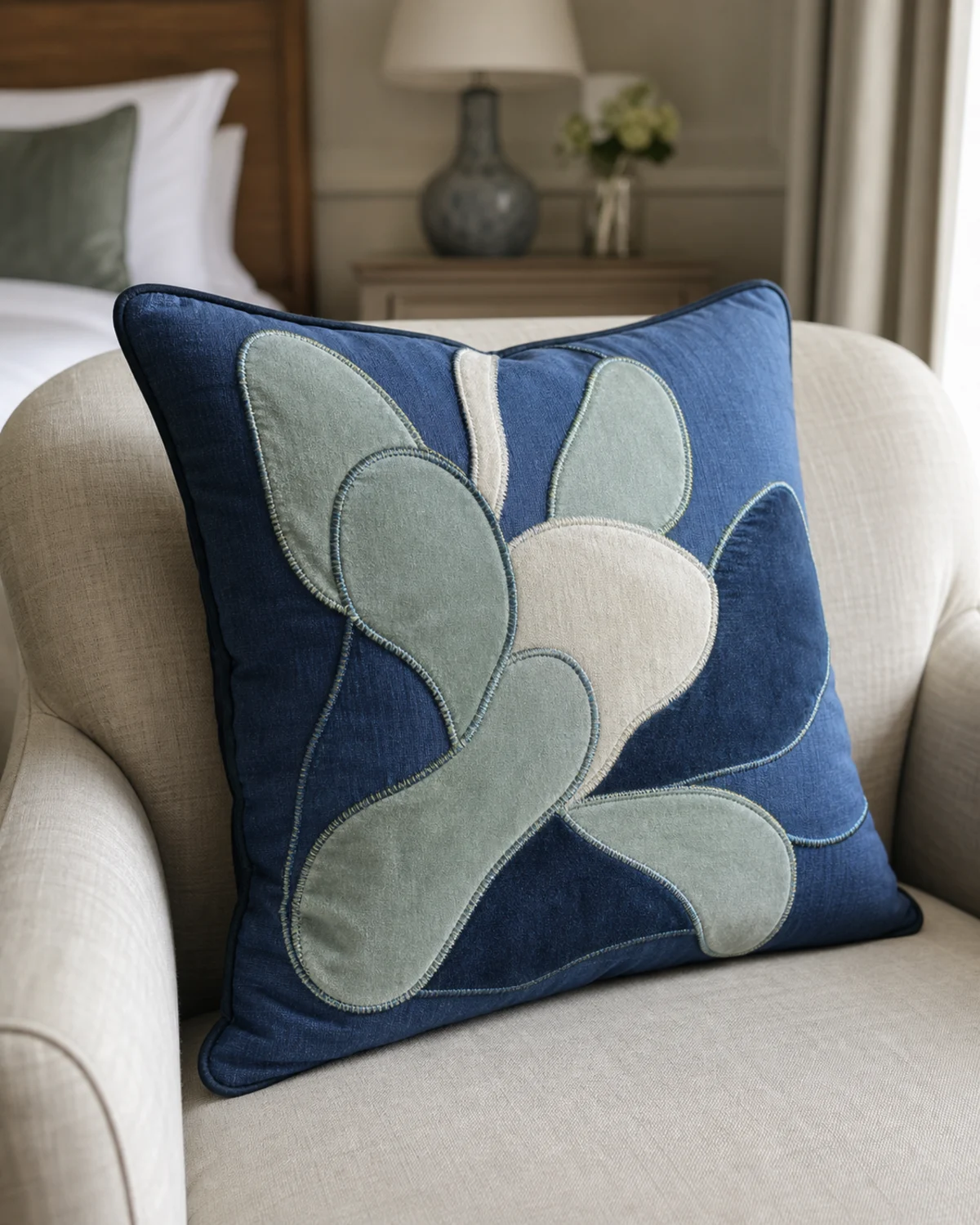 Lapis Petal Cushion original BSA square appliqué cushion in lapis, ink blue, celadon, and ivory
