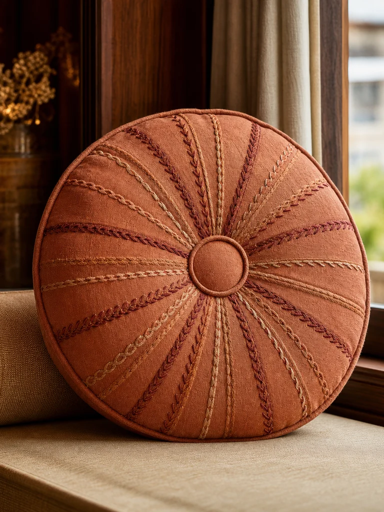 Terracotta Compass Cushion shown in Lounge chairs, window seats, eclectic suites