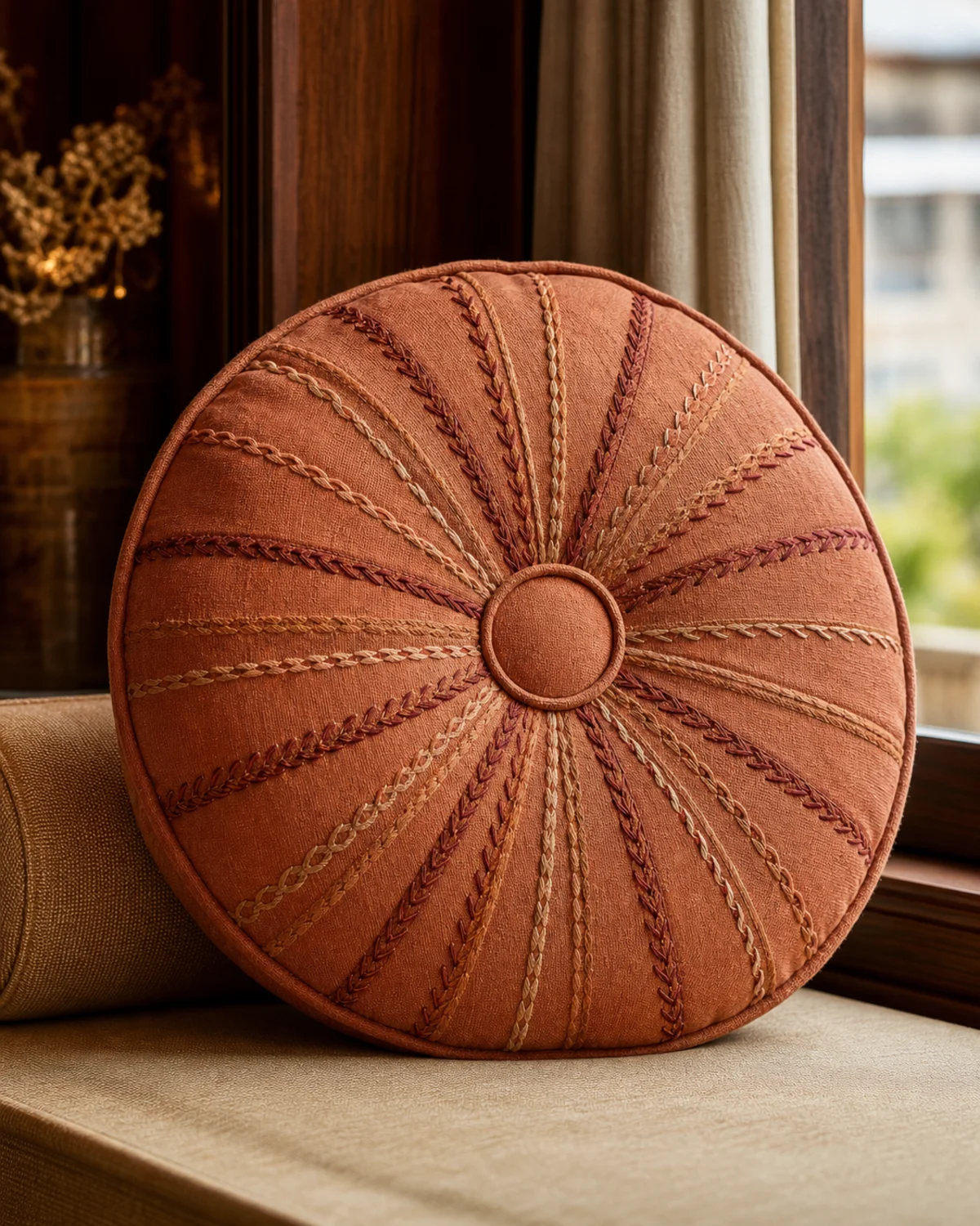 Terracotta Compass Cushion original BSA round disc cushion in terracotta, rust, sand, and oxblood