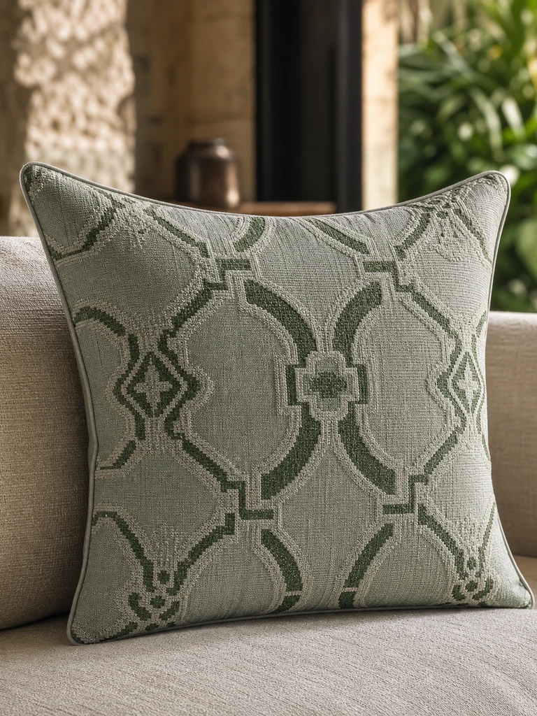 Celadon Crest Cushion shown in Resort rooms, villas, contemporary lounges