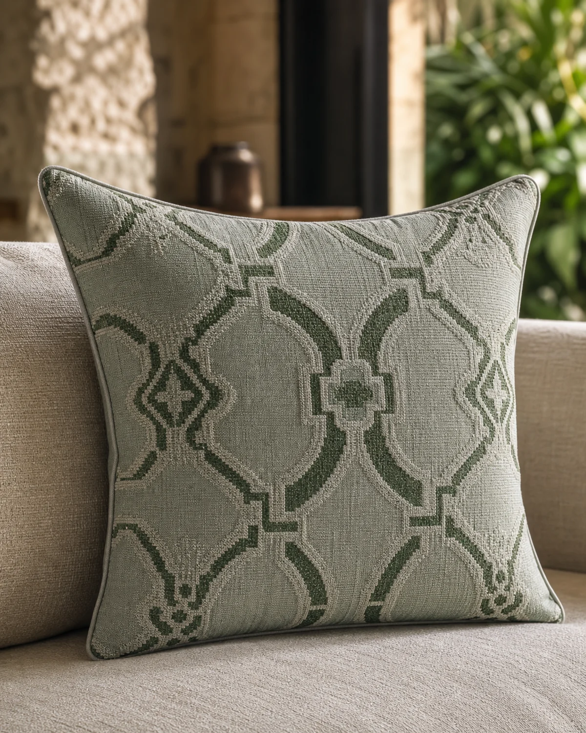 Celadon Crest Cushion original BSA structured square cushion in celadon, forest green, and pale mineral