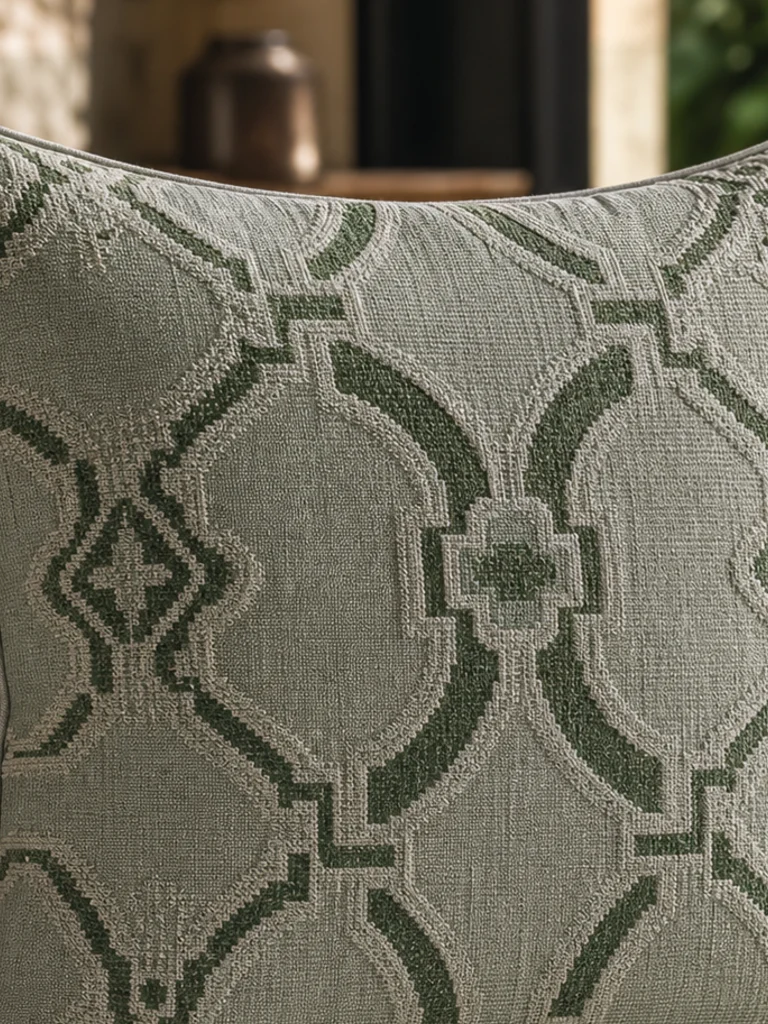 Celadon Crest Cushion textile and construction detail