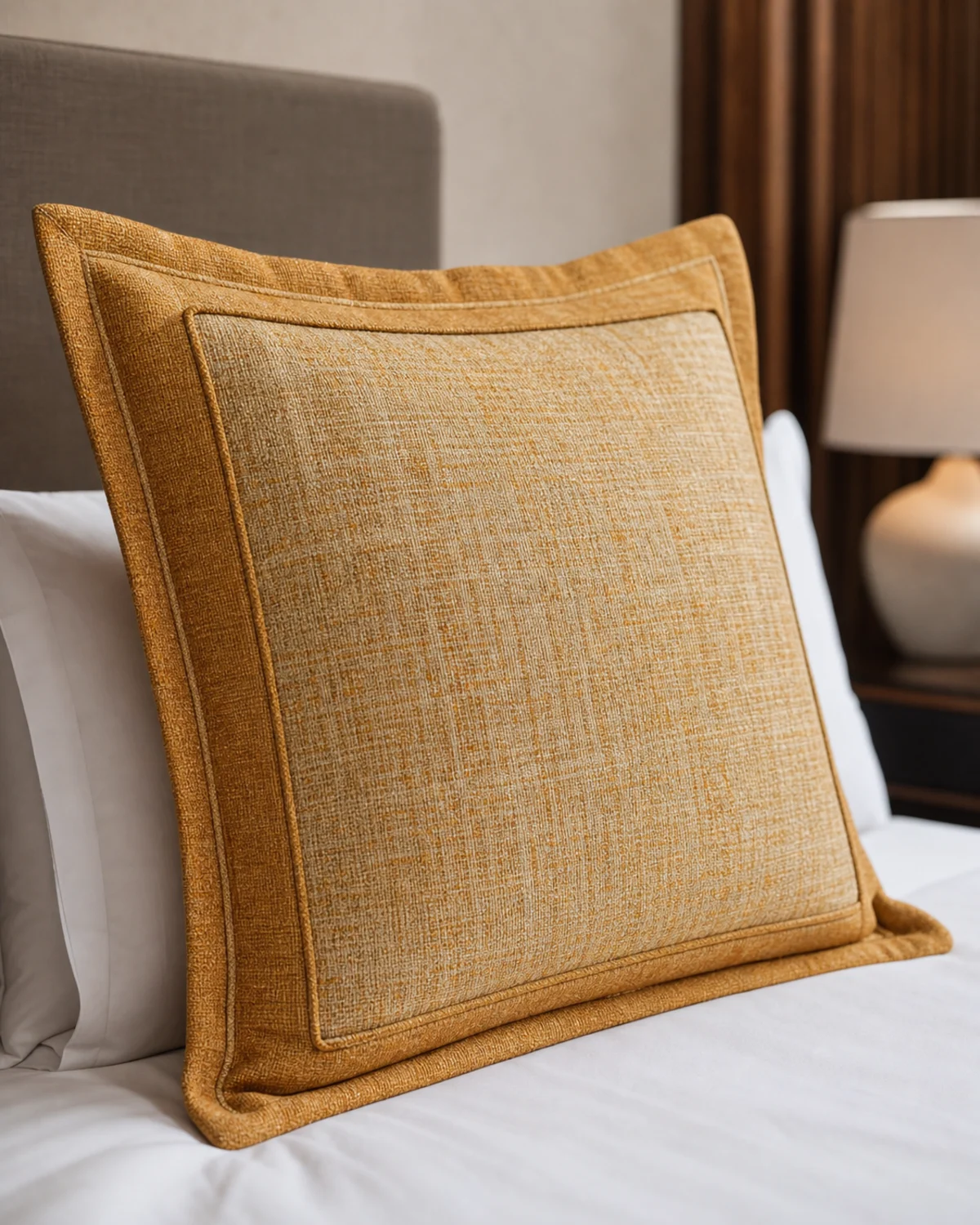Marigold Frame Cushion original BSA flanged square cushion in marigold, ochre, and warm cream