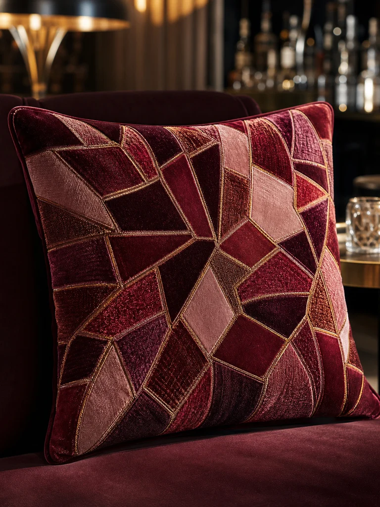 Oxblood Mosaic Cushion shown in Signature suites, cocktail lounges, formal villas