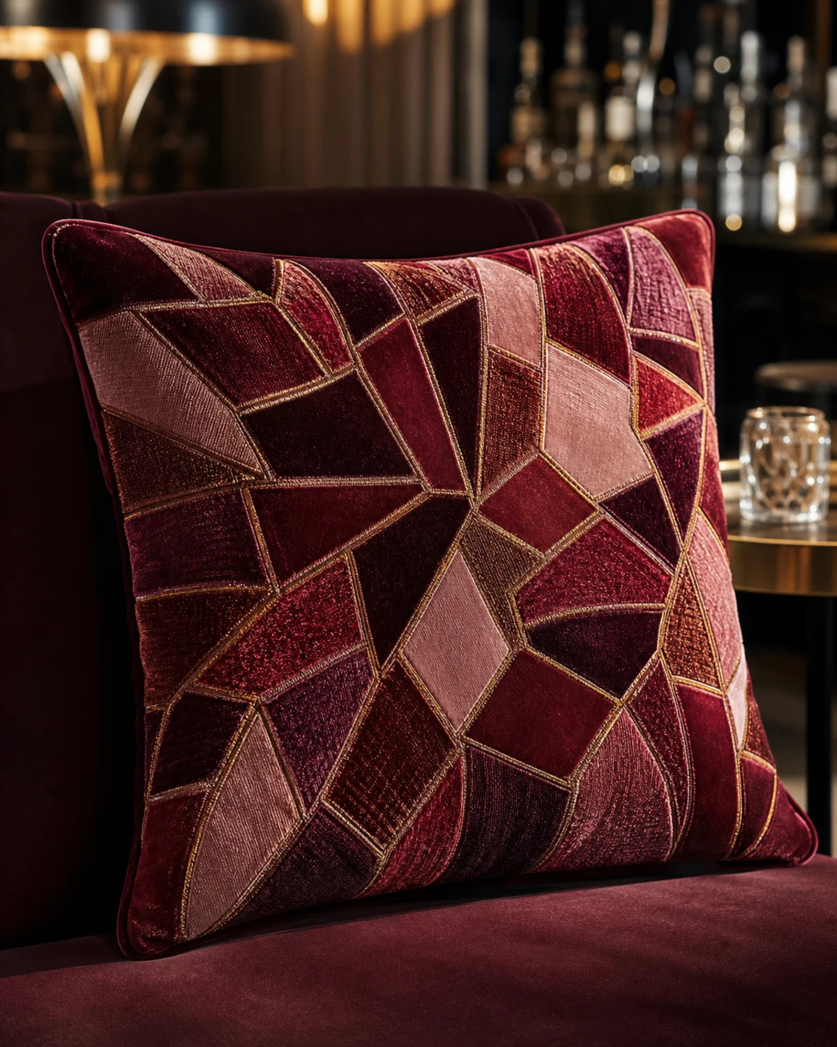 Oxblood Mosaic Cushion original BSA embroidered square cushion in oxblood, garnet, blush, and antique gold