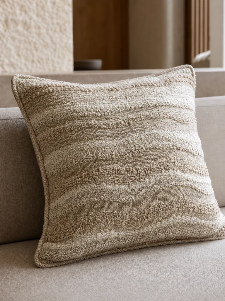 Sandstone Ripple Cushion shown in Quiet luxury suites, spas, neutral residences