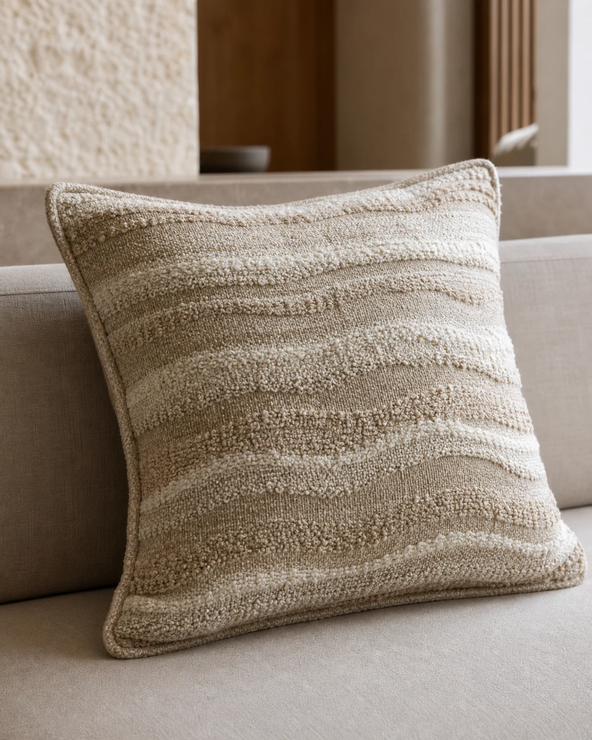 Sandstone Ripple Cushion original BSA textured square cushion in sandstone, oat, and chalk