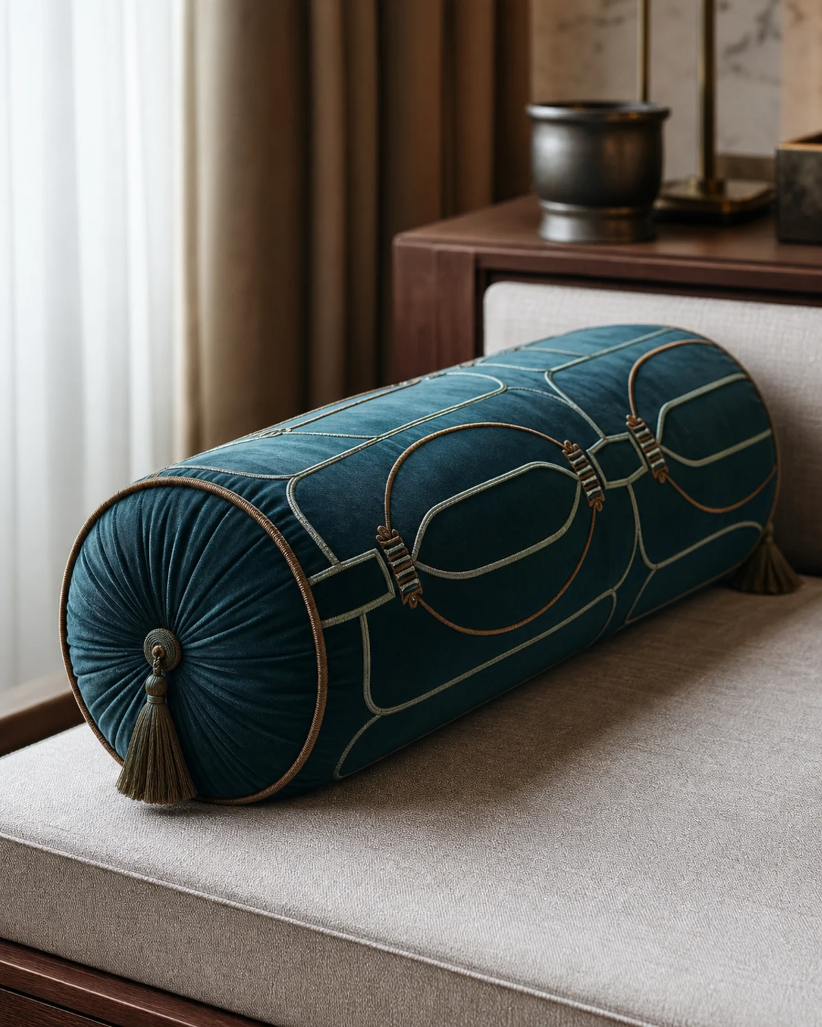 Teal Lantern Bolster original BSA cylindrical bolster in deep teal, celadon, and burnished bronze