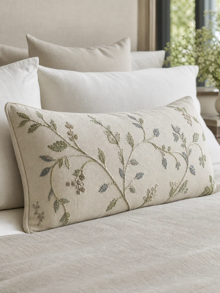 Ivory Garden Lumbar shown in Bed styling, calm lounges, garden suites