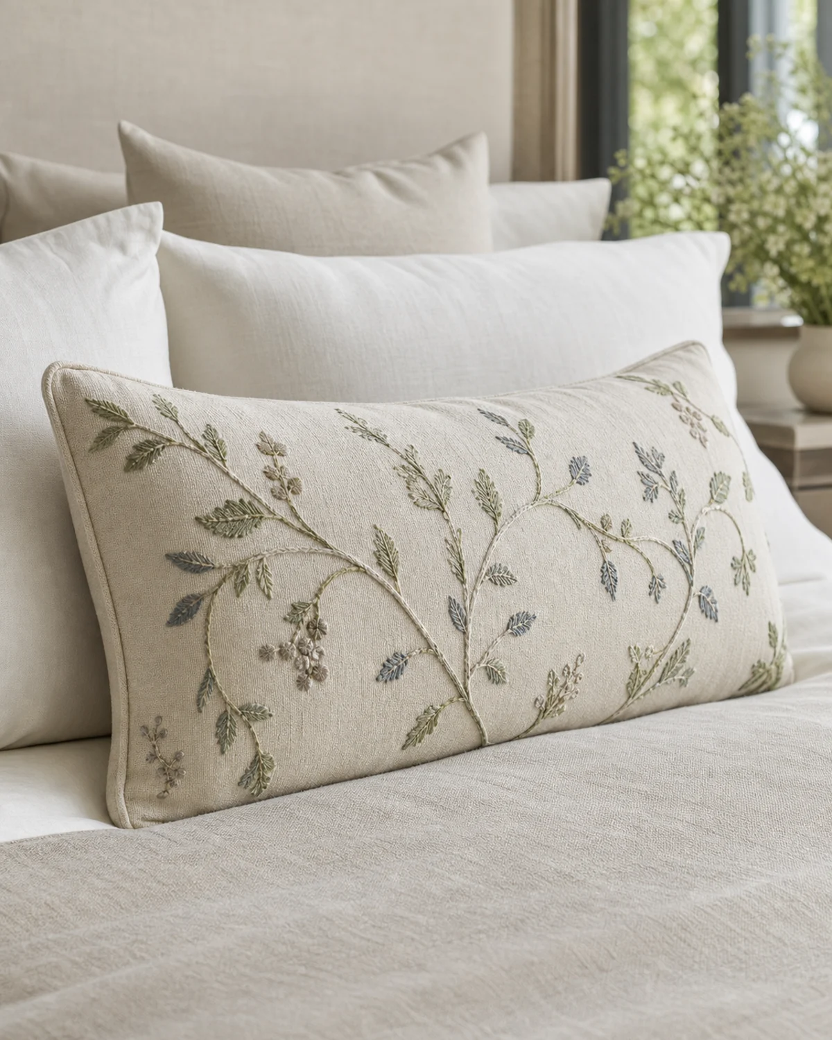 Ivory Garden Lumbar original BSA wide lumbar cushion in ivory, sage, muted blue, and warm taupe