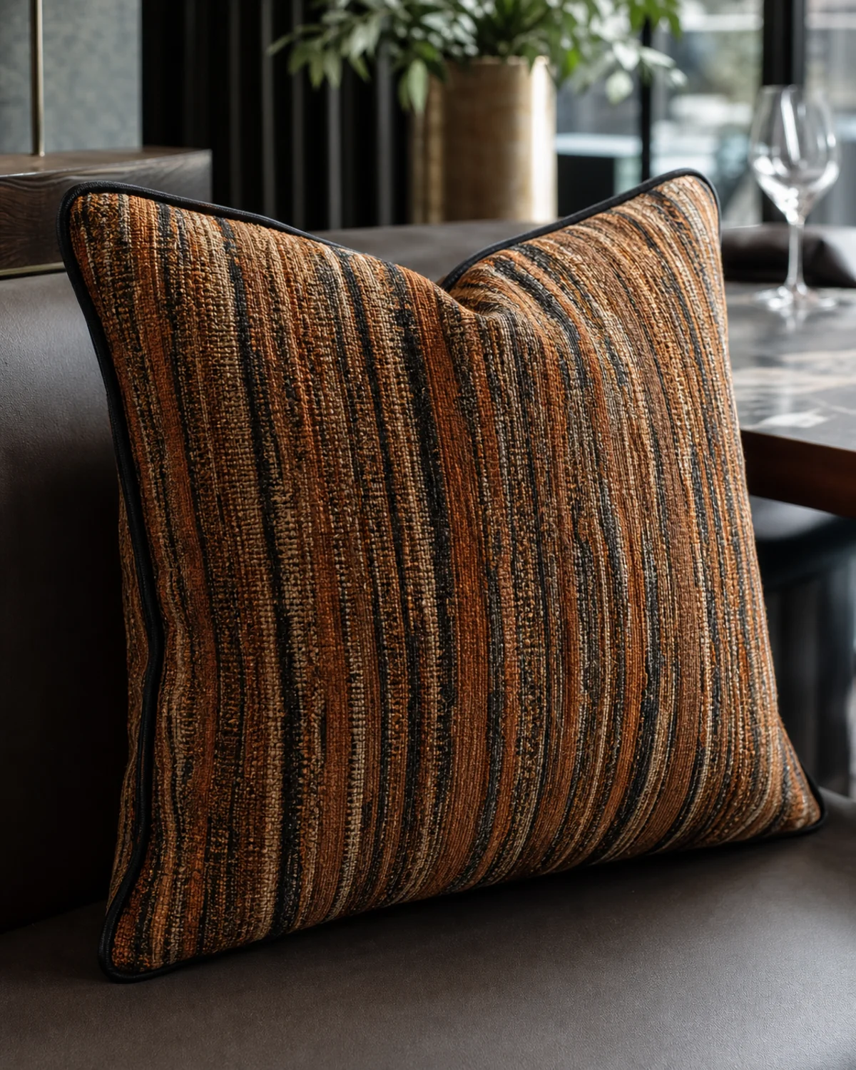 Copper Reed Cushion original BSA woven square cushion in copper, tobacco, ink, and natural flax