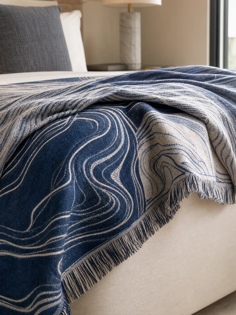 Lapis Current Throw shown in Beds, suite sofas, private residences