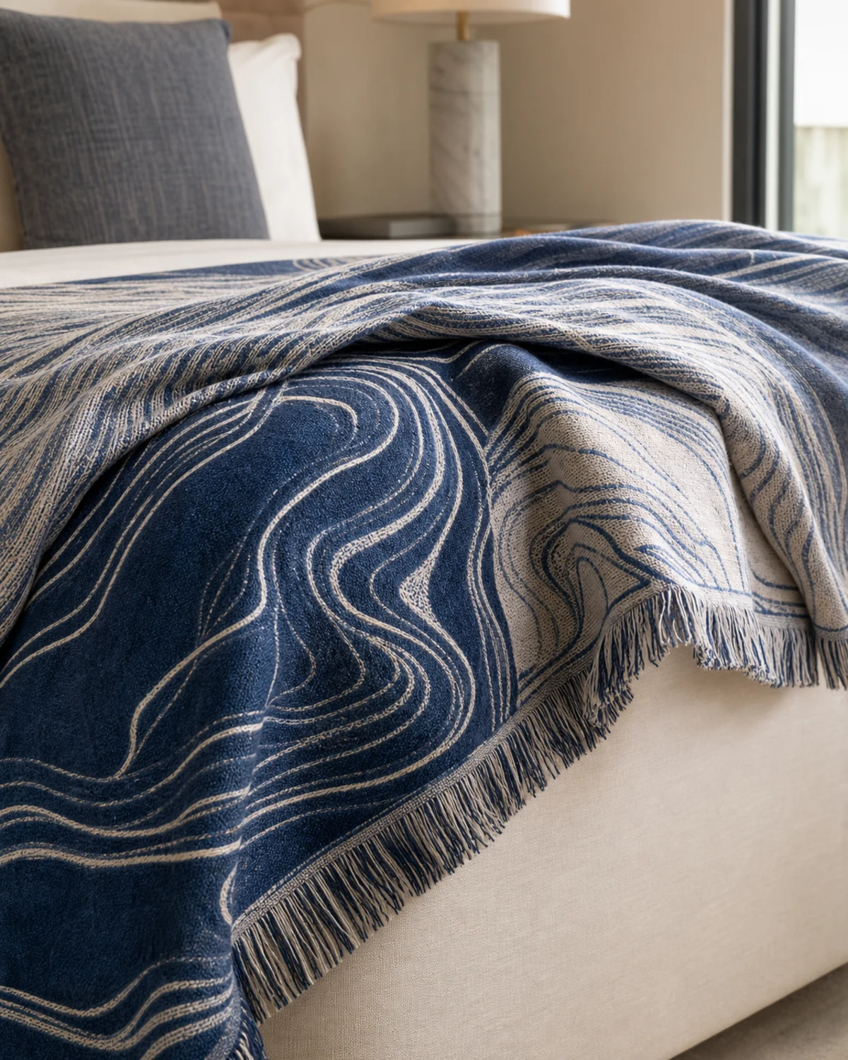 Lapis Current Throw original BSA reversible woven throw in lapis, ink blue, and mineral white