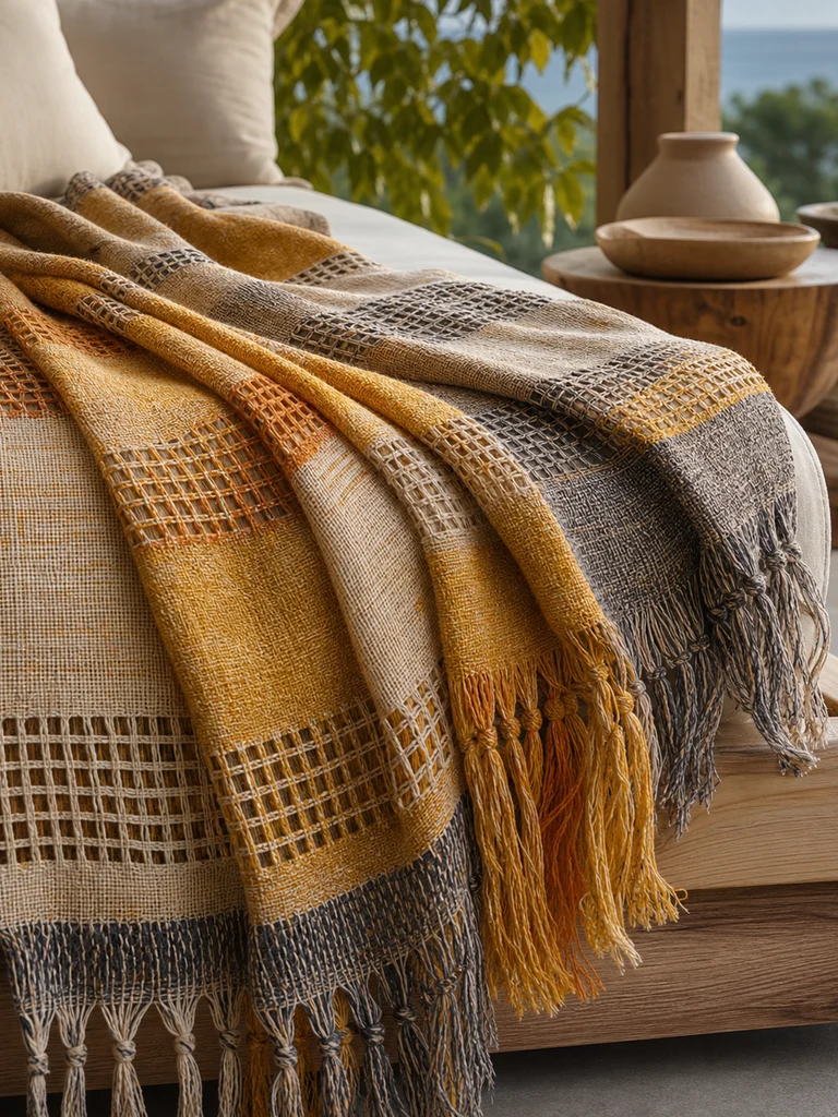 Marigold Loom Throw shown in Resort rooms, daybeds, relaxed lounges