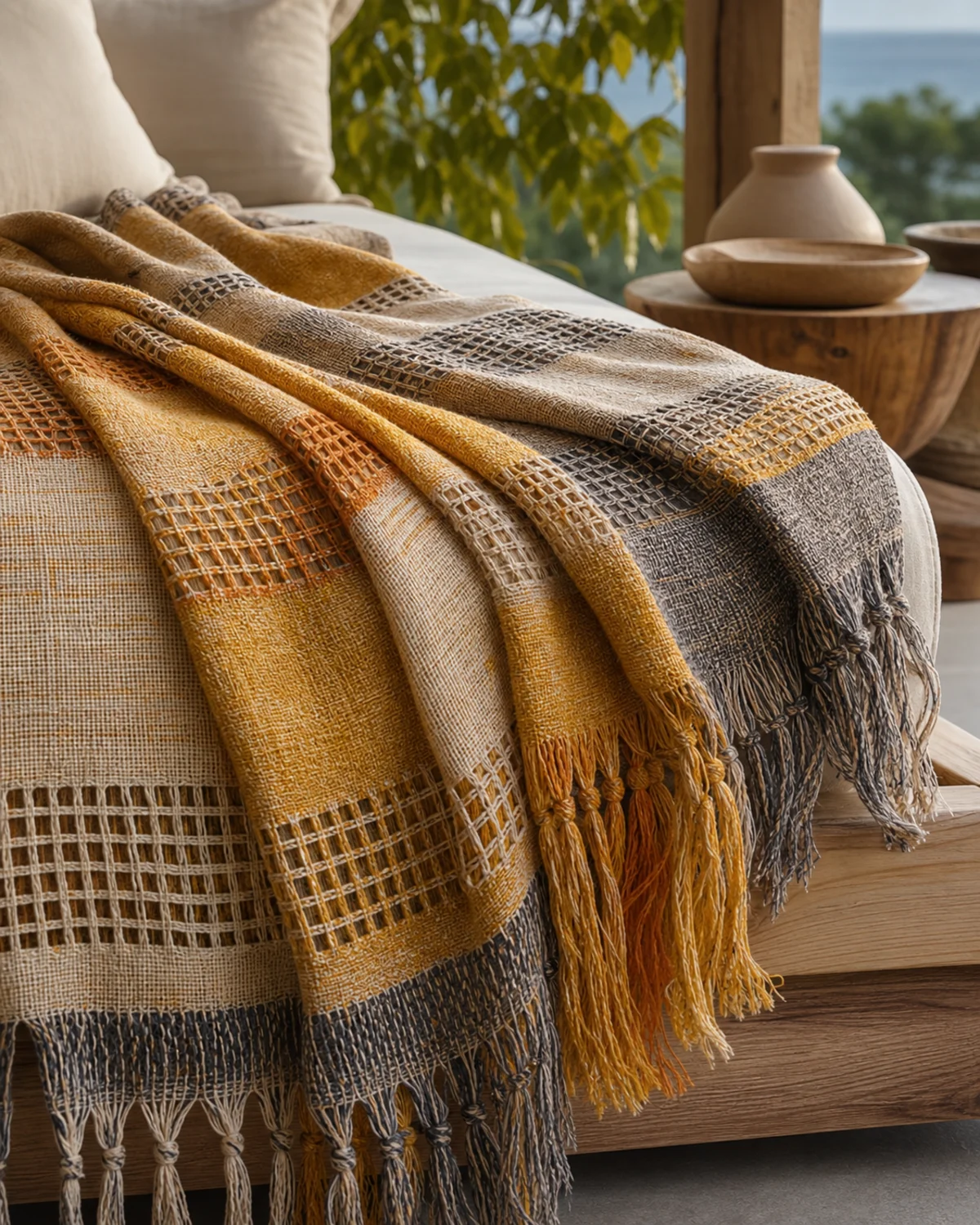 Marigold Loom Throw original BSA handloom-style throw in marigold, saffron, oat, and charcoal