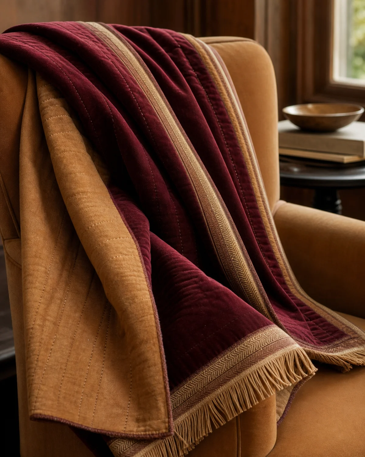 Oxblood Reversible Throw original BSA reversible velvet throw in oxblood and warm camel