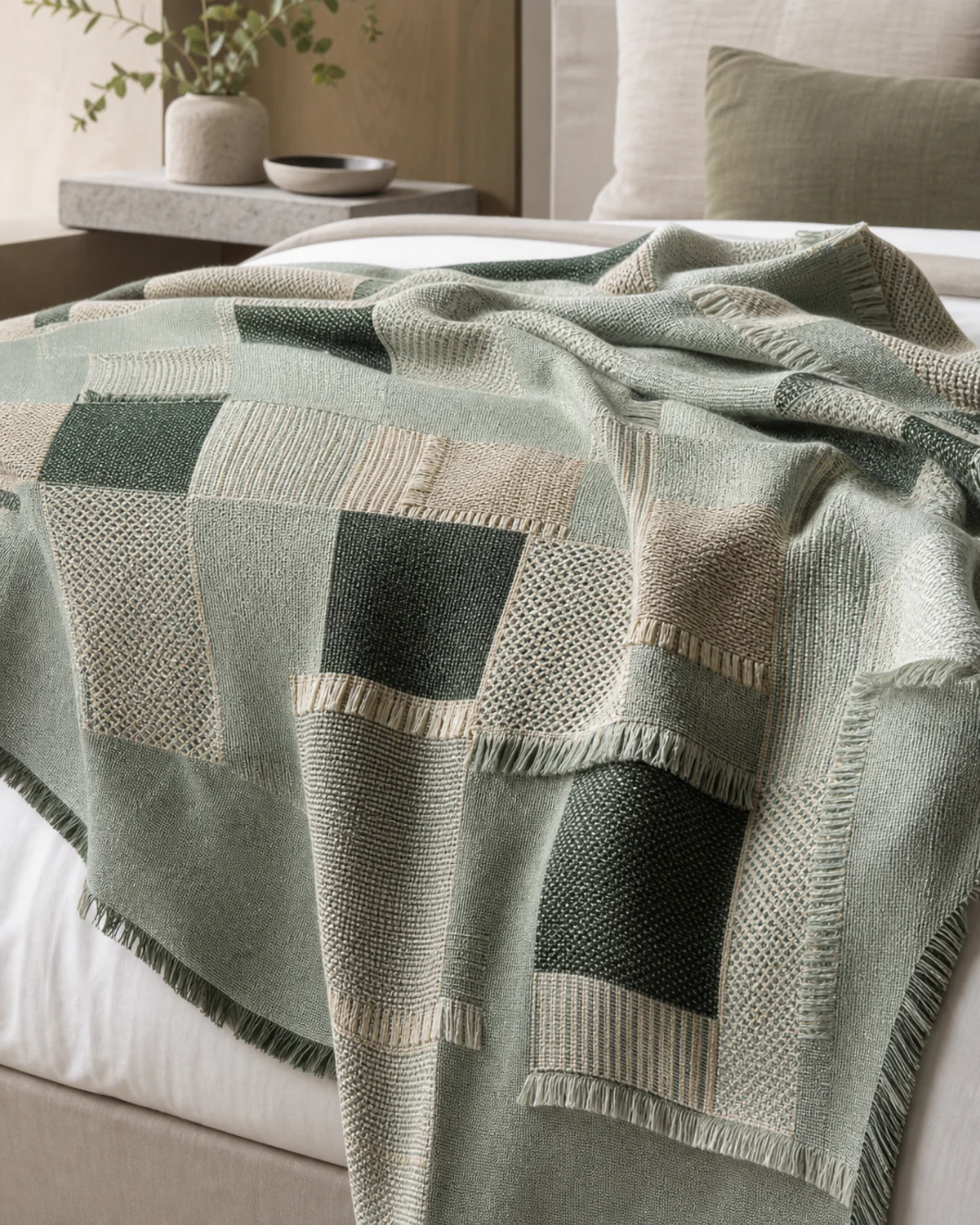 Celadon Grid Throw original BSA lightweight jacquard throw in celadon, forest, and pale stone