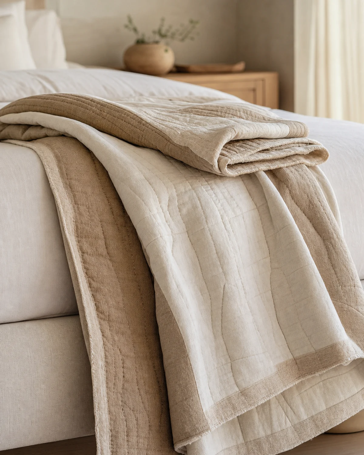 Sandstone Channel Throw original BSA lightly quilted throw in sandstone, oat, and warm ivory