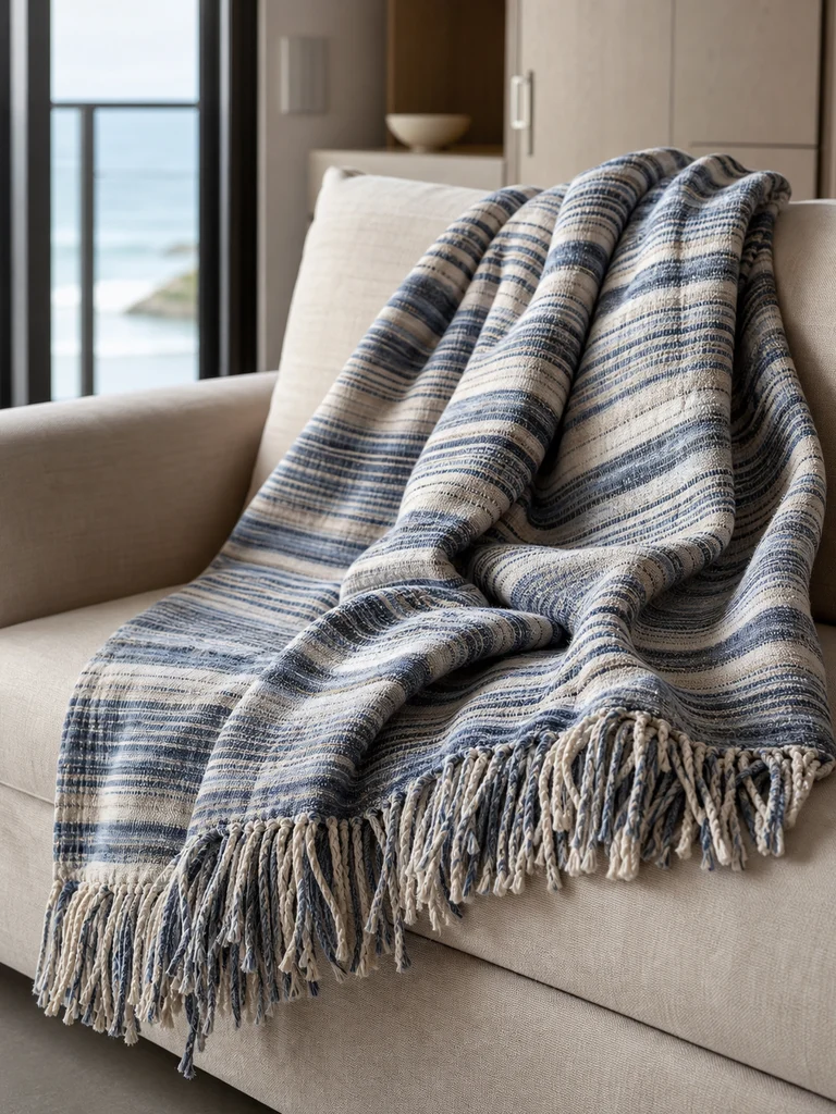 Indigo Knotted Edge Throw shown in Casual suites, beach residences, lounge seating