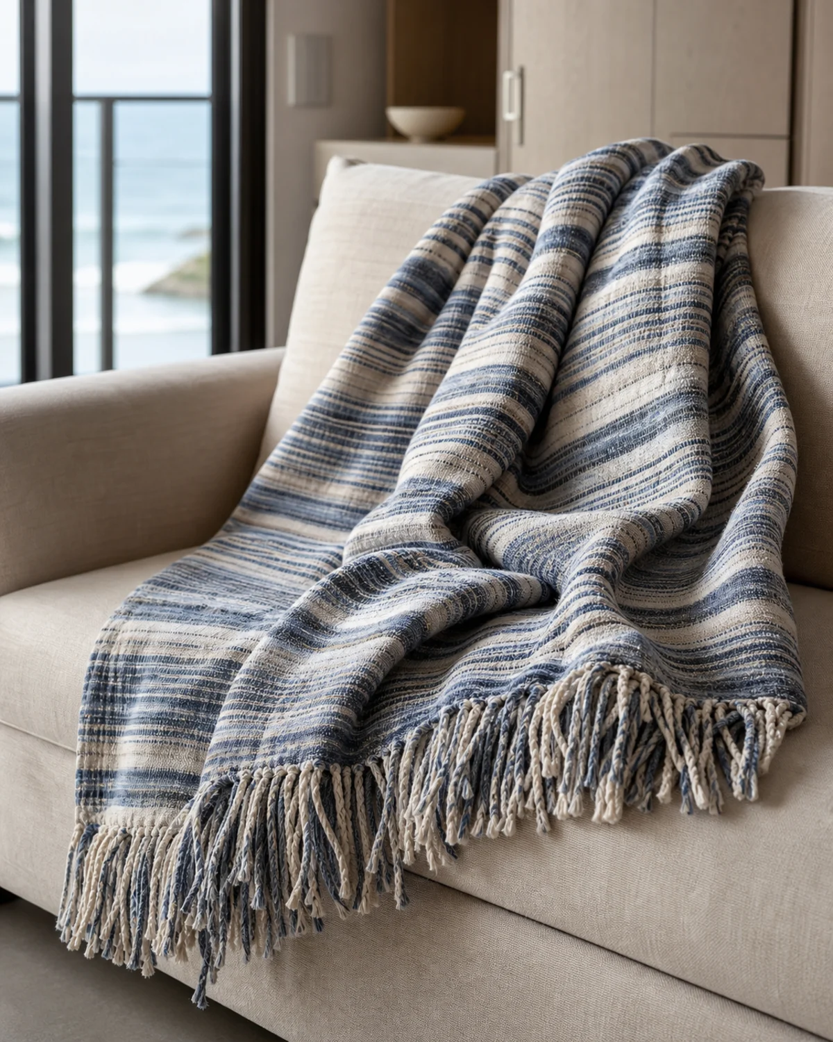 Indigo Knotted Edge Throw original BSA soft cotton throw in indigo, washed blue, and natural