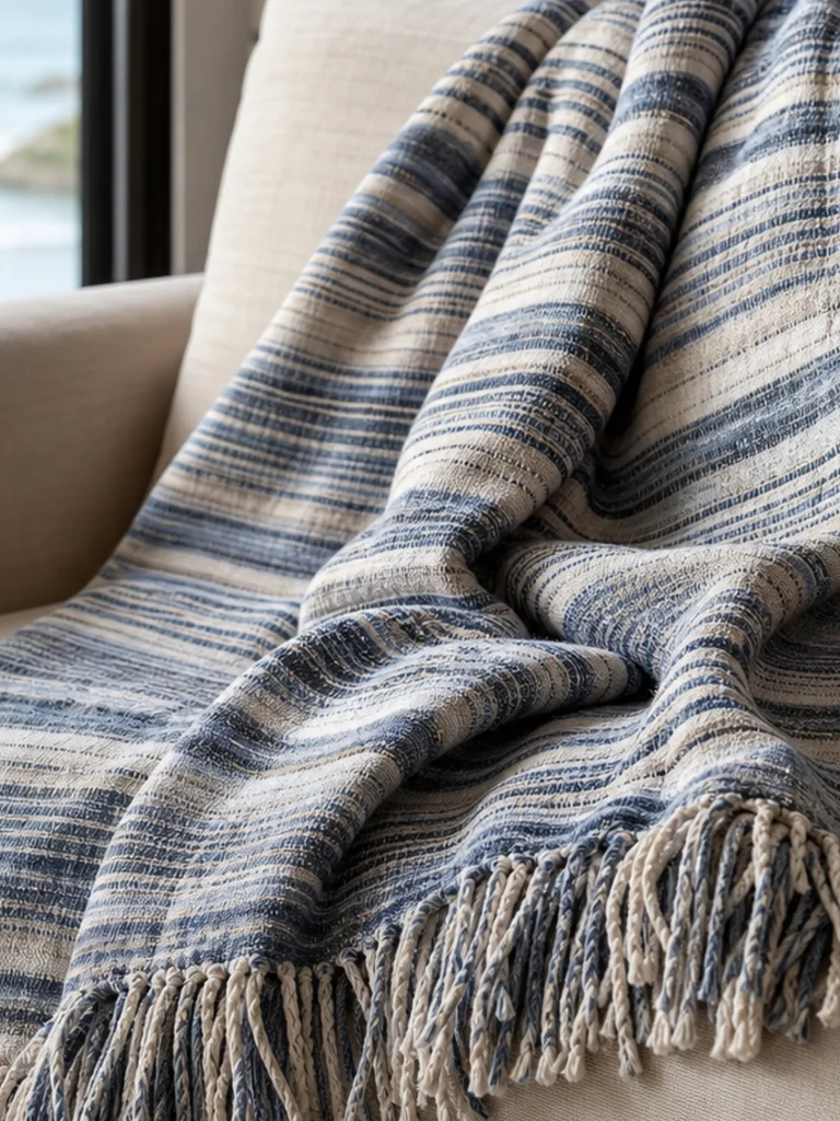 Indigo Knotted Edge Throw textile and construction detail