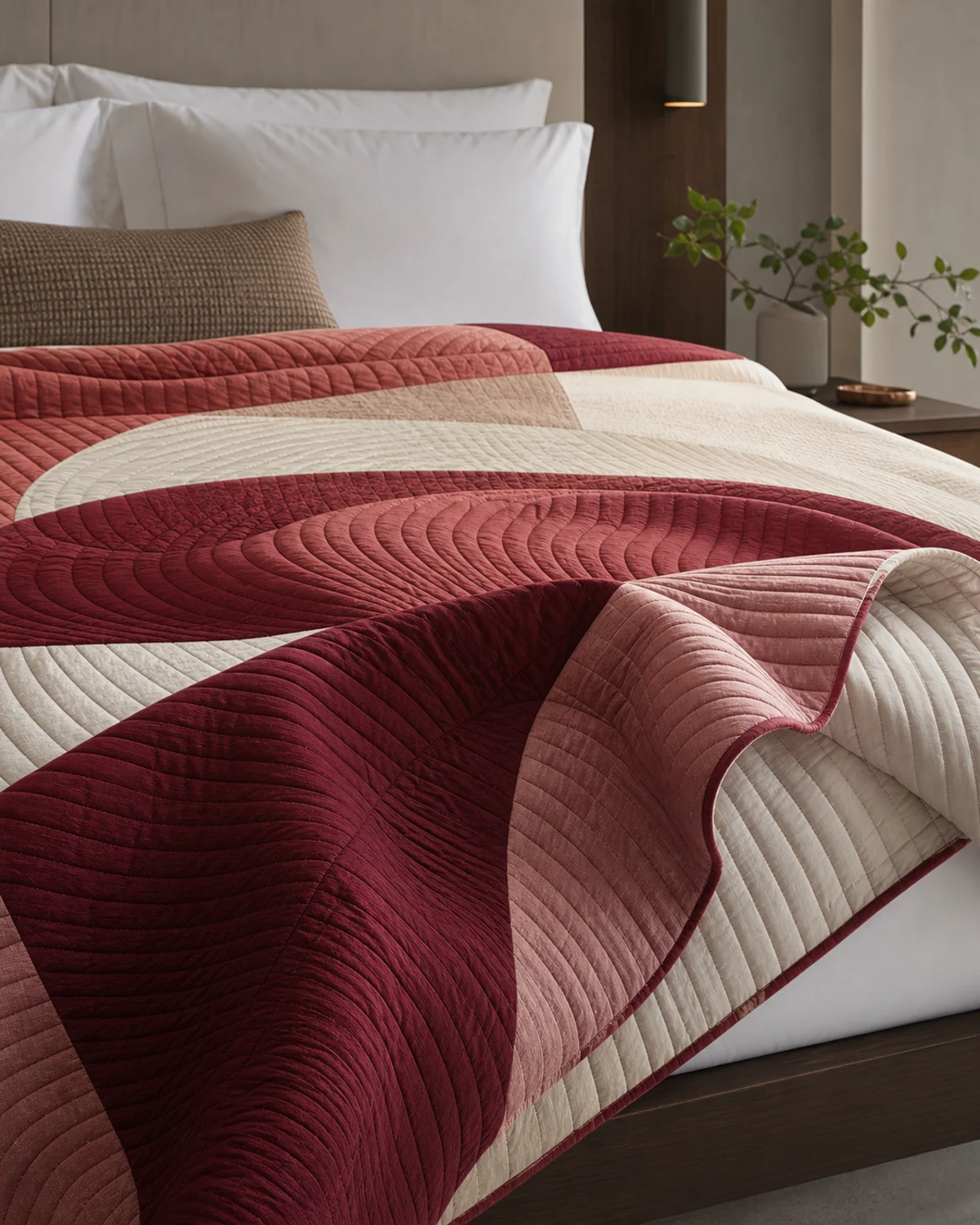 Garnet Arc Coverlet original BSA quilted coverlet in garnet, rosewood, and warm ivory
