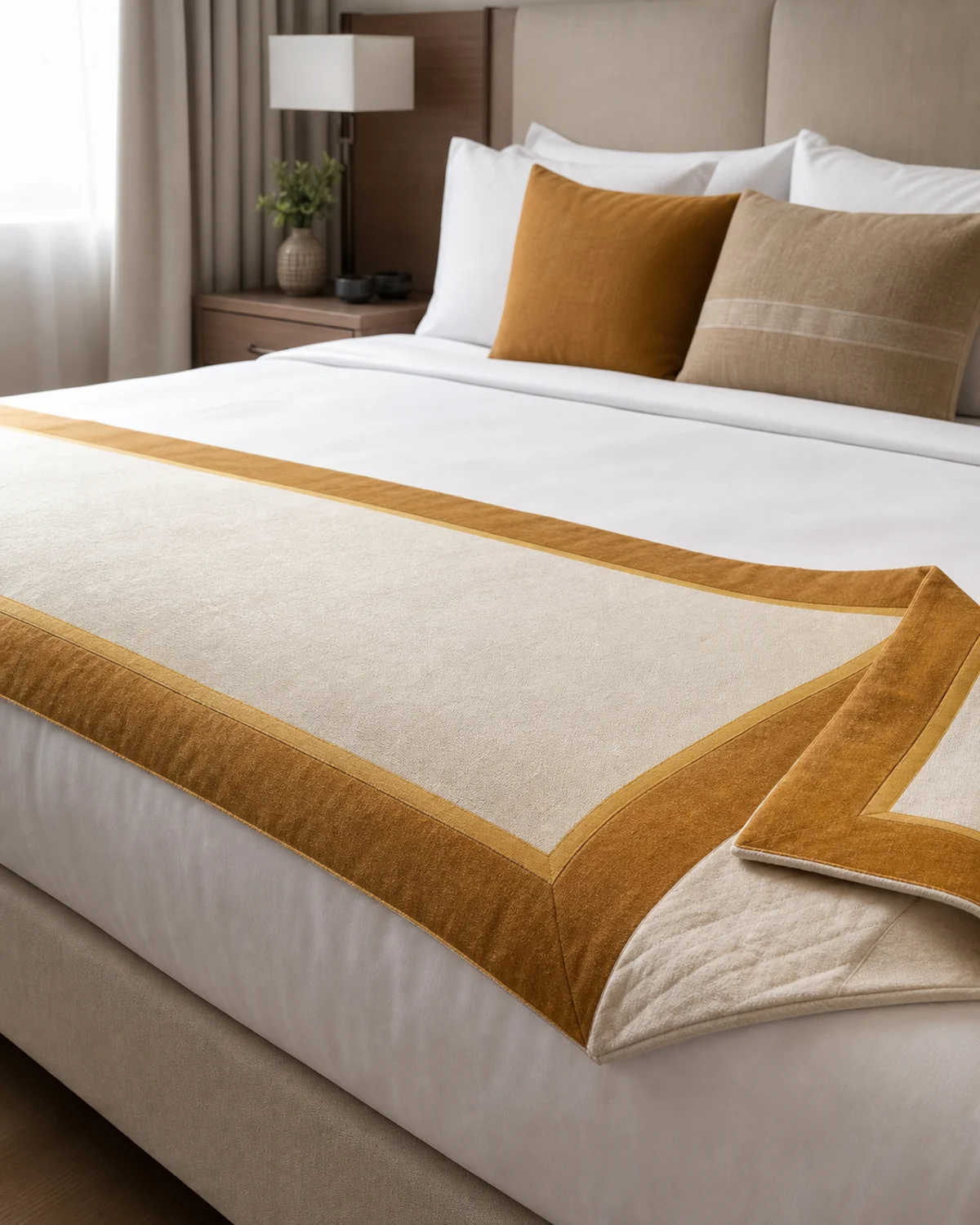 Saffron Border Bed Runner original BSA tailored bed runner in saffron, ochre, and ivory
