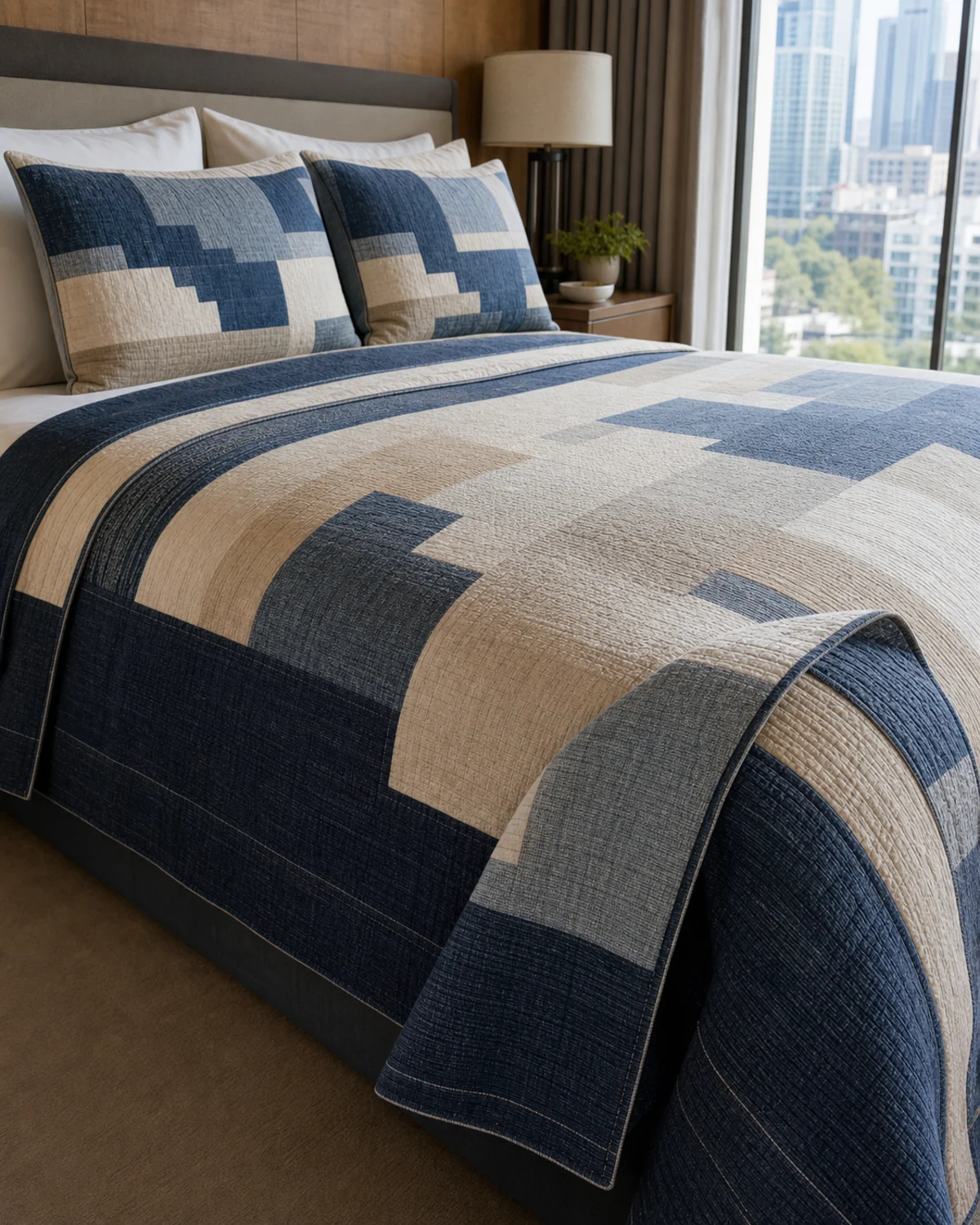 Indigo Terrace Bed Set original BSA coordinated coverlet and sham set in indigo, chalk, washed blue, and sand