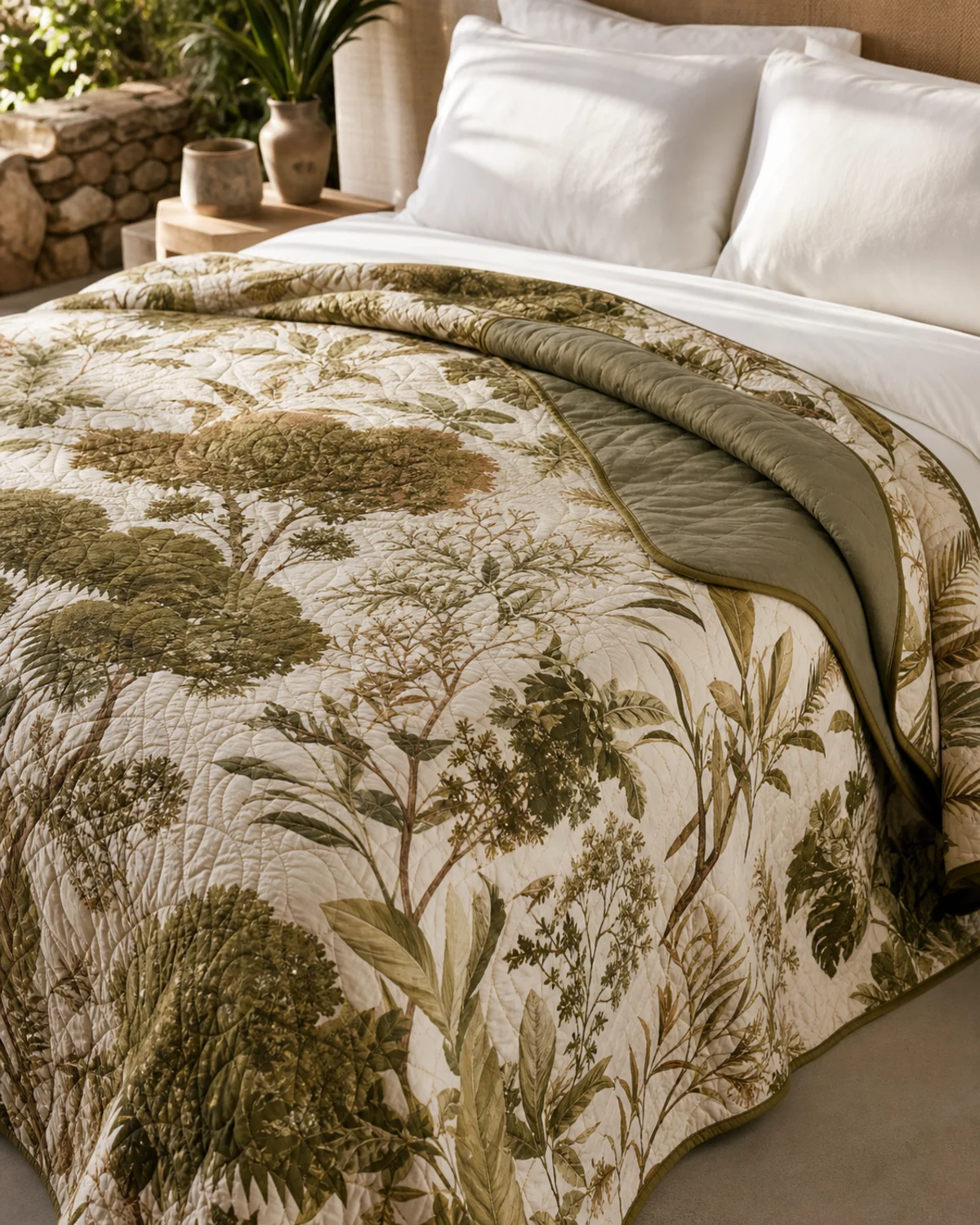 Olive Canopy Quilt original BSA botanical quilt in olive, moss, tobacco, and warm cream