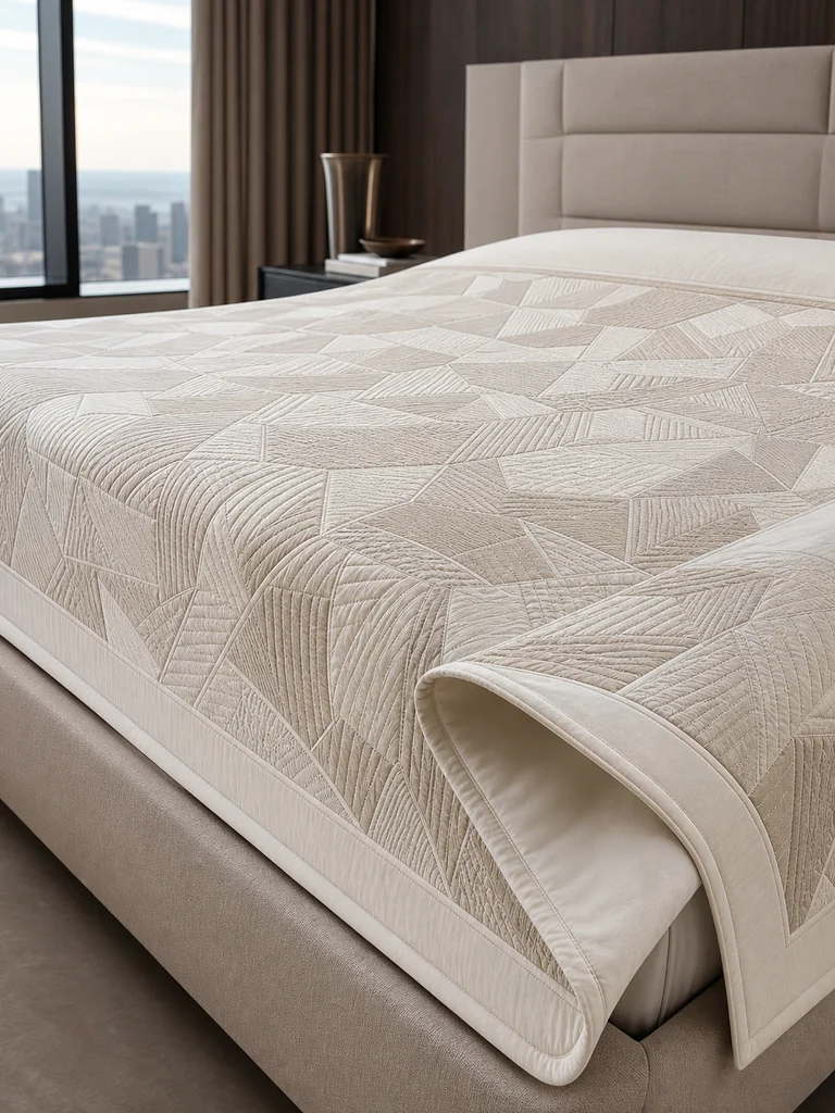 Ivory Mosaic Coverlet shown in Luxury guestrooms, penthouses, minimalist villas