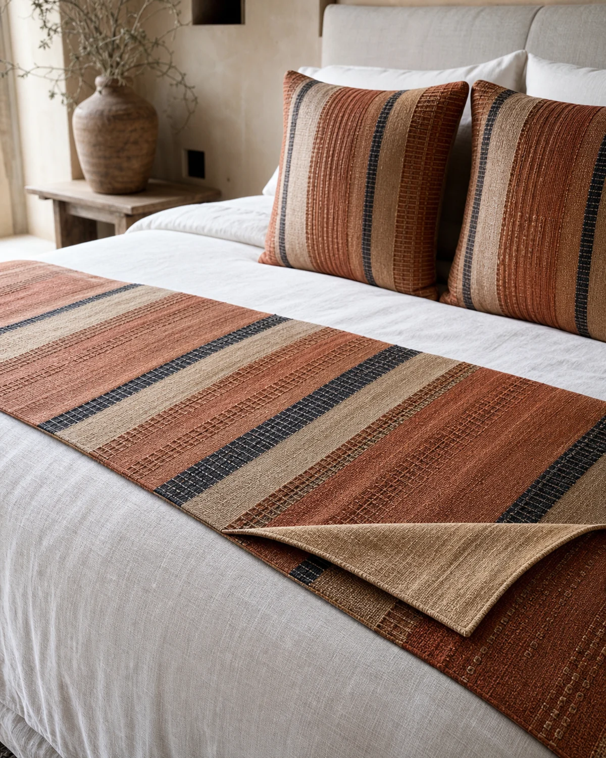 Terracotta Reed Bed Runner original BSA woven bed runner and cushion pair in terracotta, copper, natural flax, and ink