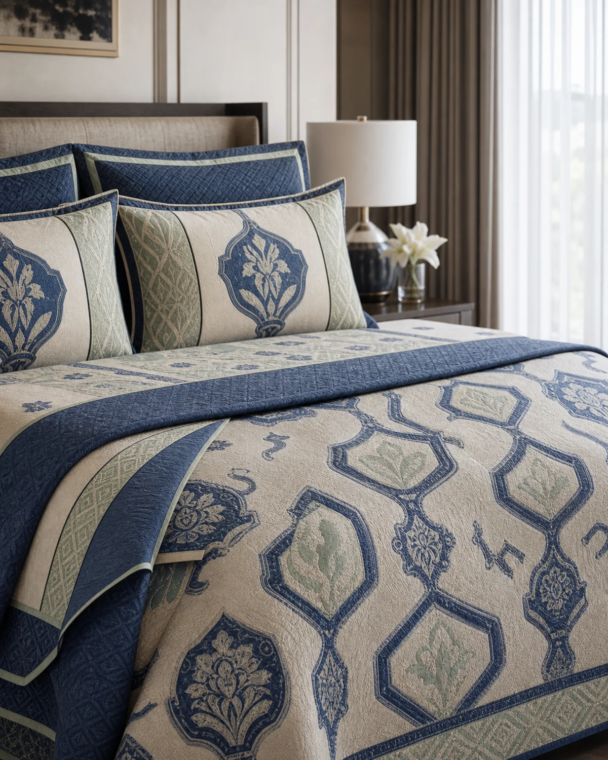 Lapis Crest Bed Set original BSA decorative bed set in lapis, ink blue, celadon, and ivory