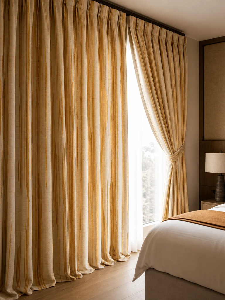 Saffron Reed Drapery shown in Guestrooms, restaurants, warm contemporary villas