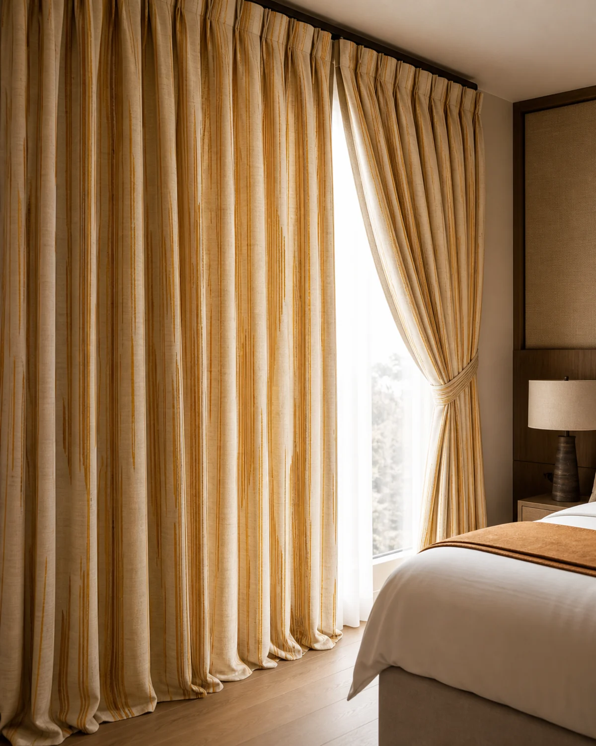 Saffron Reed Drapery original BSA lined decorative drapery panel in saffron, ochre, and natural linen