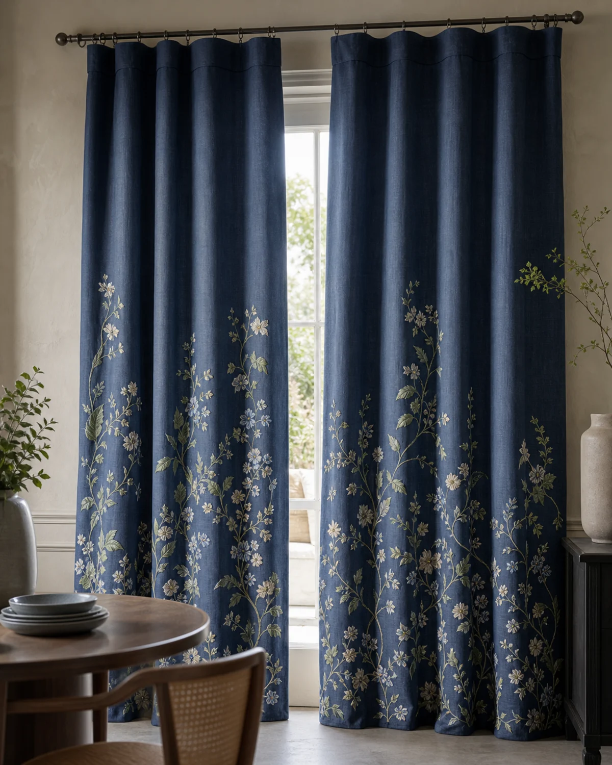 Indigo Garden Curtain Set original BSA embroidered curtain pair in indigo, mineral blue, celadon, and chalk
