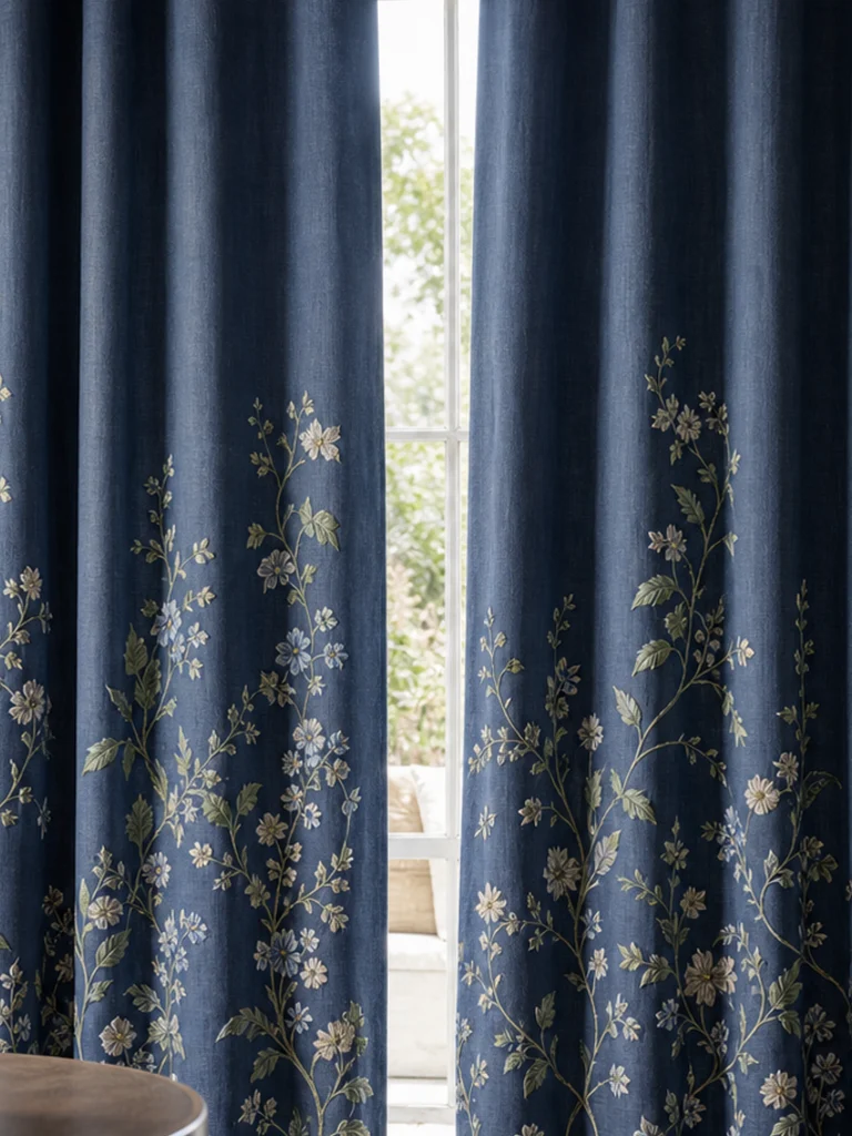Indigo Garden Curtain Set textile and construction detail
