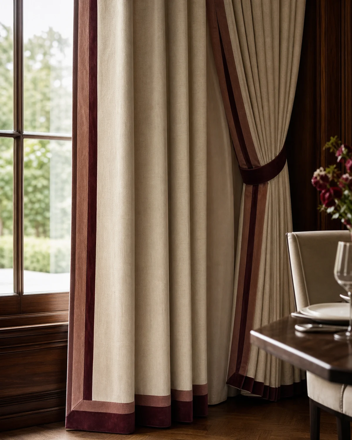 Garnet Border Drapery original BSA tailored border drapery in warm ivory, garnet, and muted rosewood