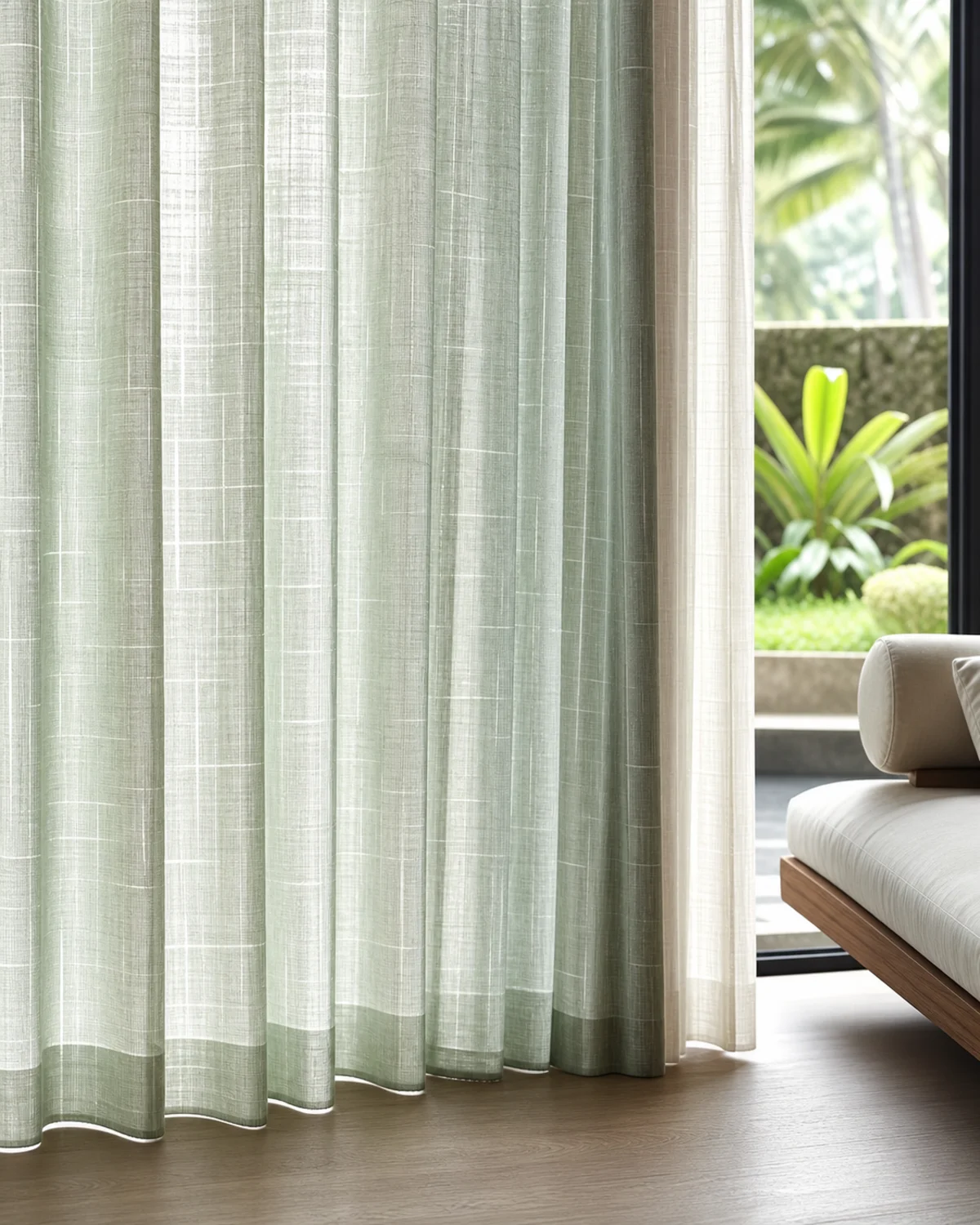 Celadon Sheer Pair original BSA light-filtering sheer pair in pale celadon and soft mineral white