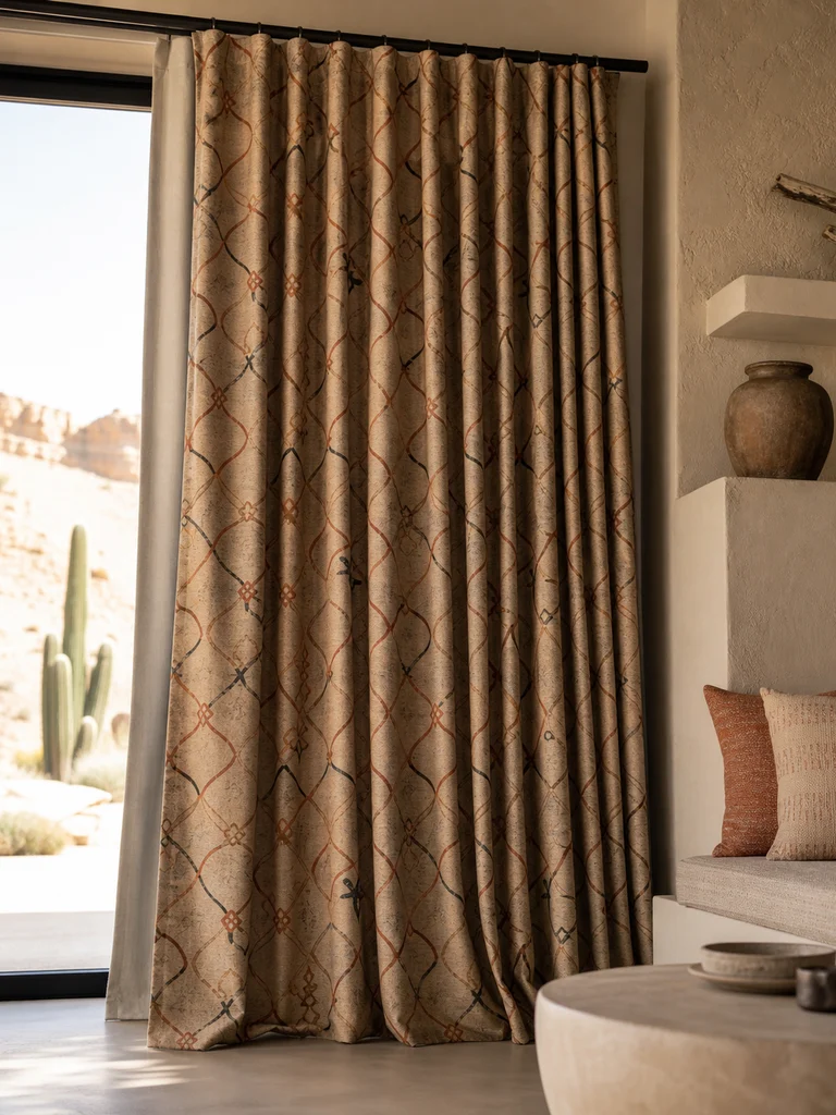 Terracotta Trellis Drapery shown in Desert resorts, restaurants, residential lounges