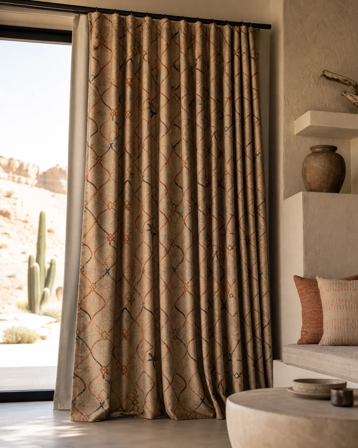 Terracotta Trellis Drapery original BSA jacquard drapery panel in terracotta, clay, sand, and muted ink
