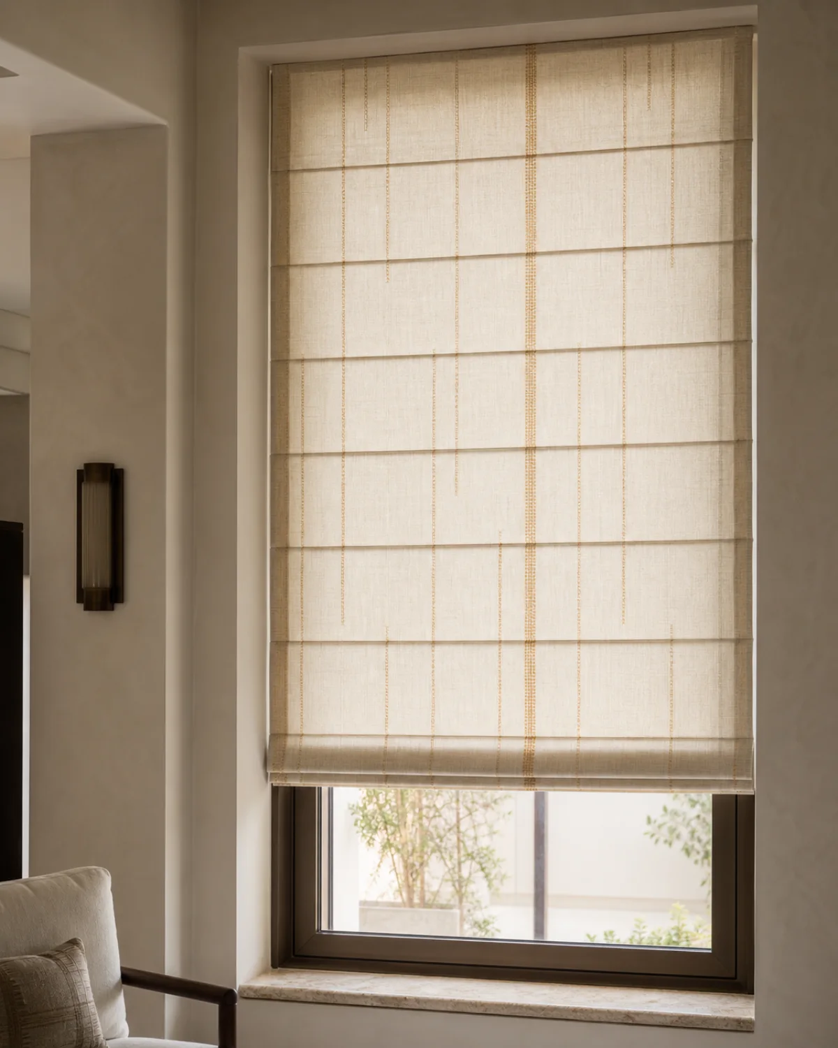 Aurelia Fold made-to-measure Roman blind in warm ivory with original saffron and bronze pinstripes