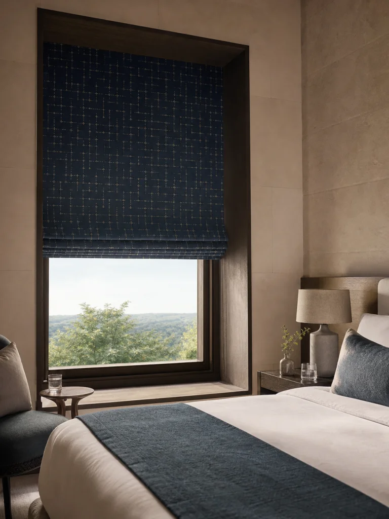 Indigo Vale Roman Blind shown in Boutique guestrooms, private studies, villas, members’ lounges