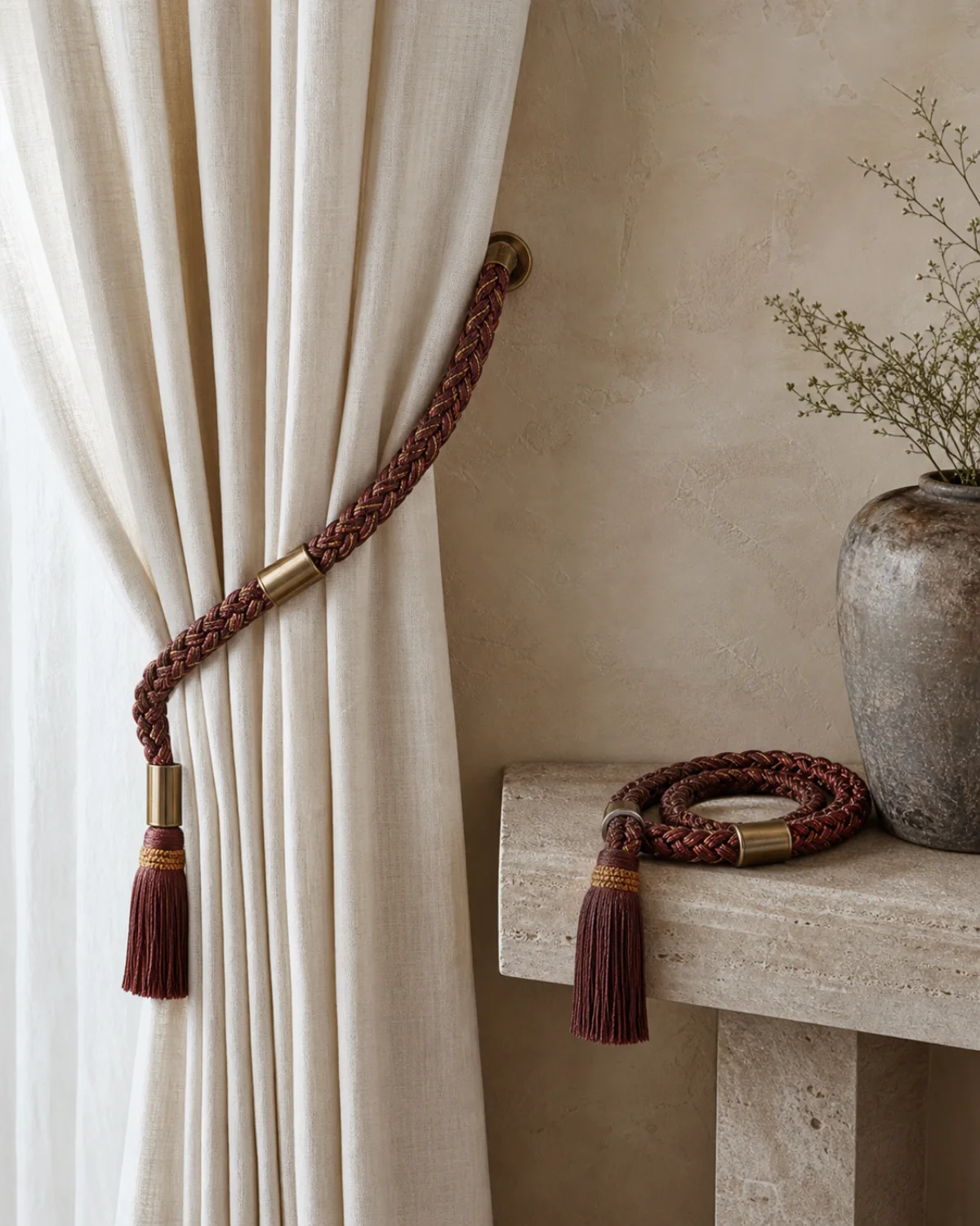 Garnet Loop hand-braided curtain tie-back pair with compact tassels and antique-bronze collars